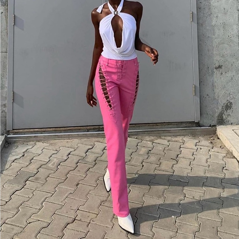 Pink Lace-Up Faux Leather Pants